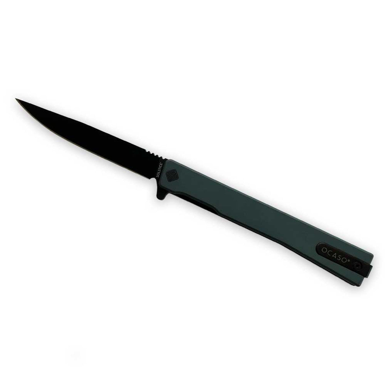 Ocaso Knives BSAAGDB Solstice - Black Straight Blade with Antique Green Titanium Handle