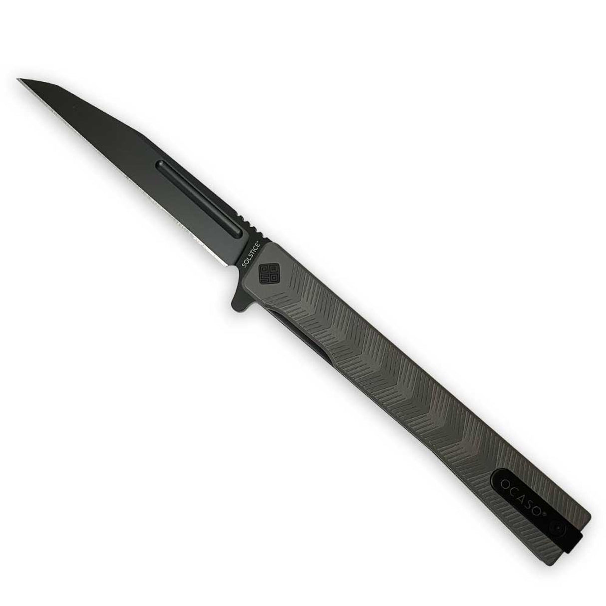 Ocaso Knives BSAEBWB Solstice - Black Wharncliffe Blade with Engraved Titanium Handle