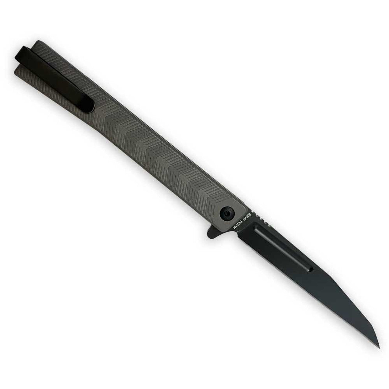 Ocaso Knives BSAEBWB Solstice - Black Wharncliffe Blade with Engraved Titanium Handle