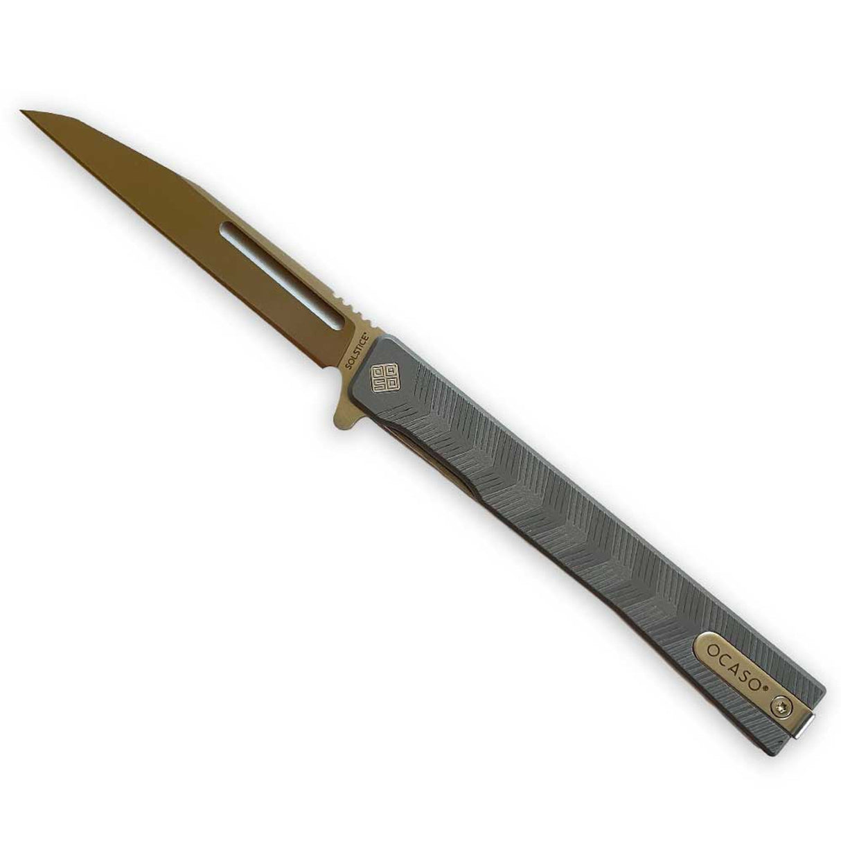 Ocaso Knives BSAEBWS Solstice - Satin Wharncliffe Blade with Engraved Blasted Titanium Handle