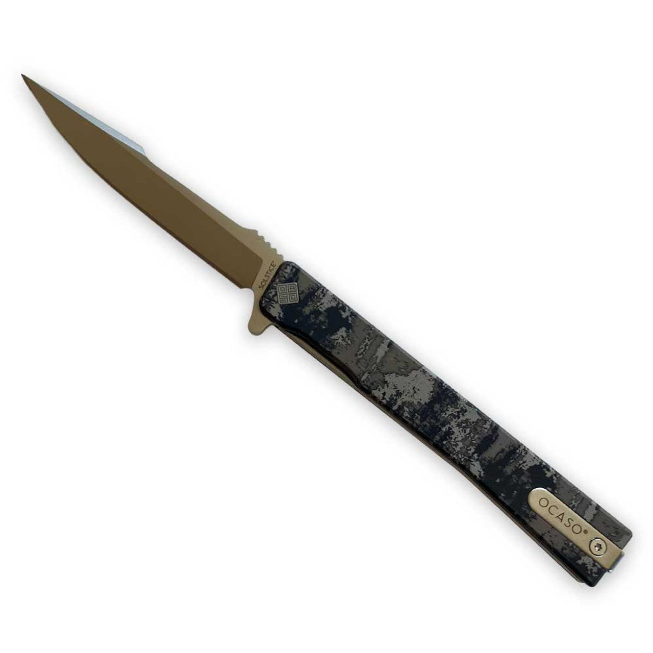 Ocaso Knives BSAGCHS Solstice - Satin Harpoon Blade with Grunge Camo Titanium Handle